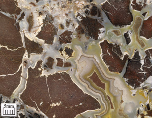 Banded agate cementing fragments of dark brown&#xA;                  jasper.