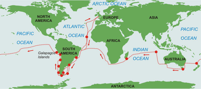 Map showing the voyage of The Beagle