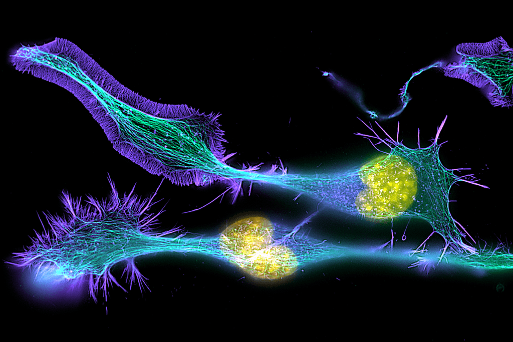 Every cubic millimetre of your brain contains about 50 million neurons, each with a large cell body (yellow) that has long extensions called axons and thin branching structures called dendrites. Electrical signals travel from the axon  of one cell to the dendrites of another.
Image: Torsten Wittmann, University of California, San Francisco